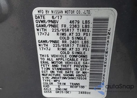 2017 Nissan Rogue S z USA, uszkodzony, nr VIN JN8AT2MV3HW276506